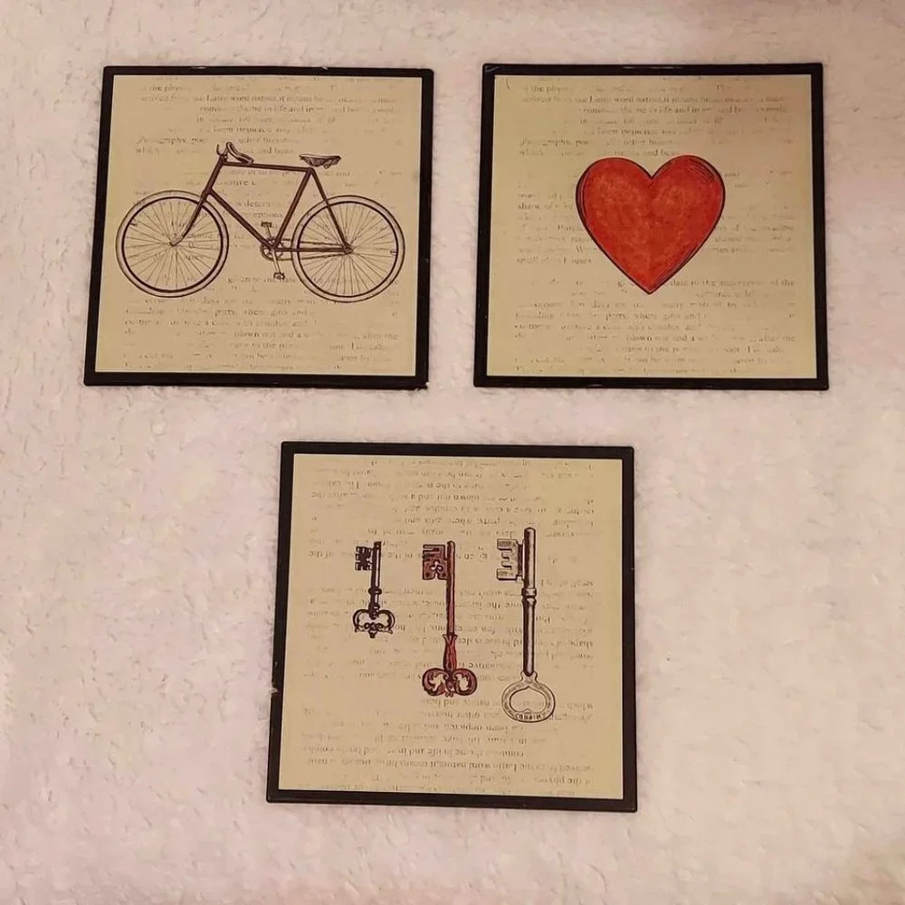 Metal Home Decor Wall Art-Bike-Keys-Heart-8x8 Squares-New Condition